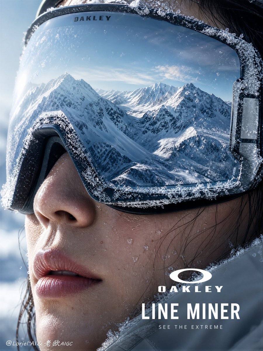 Oakley ski goggles reflect a vast snowy mountain range