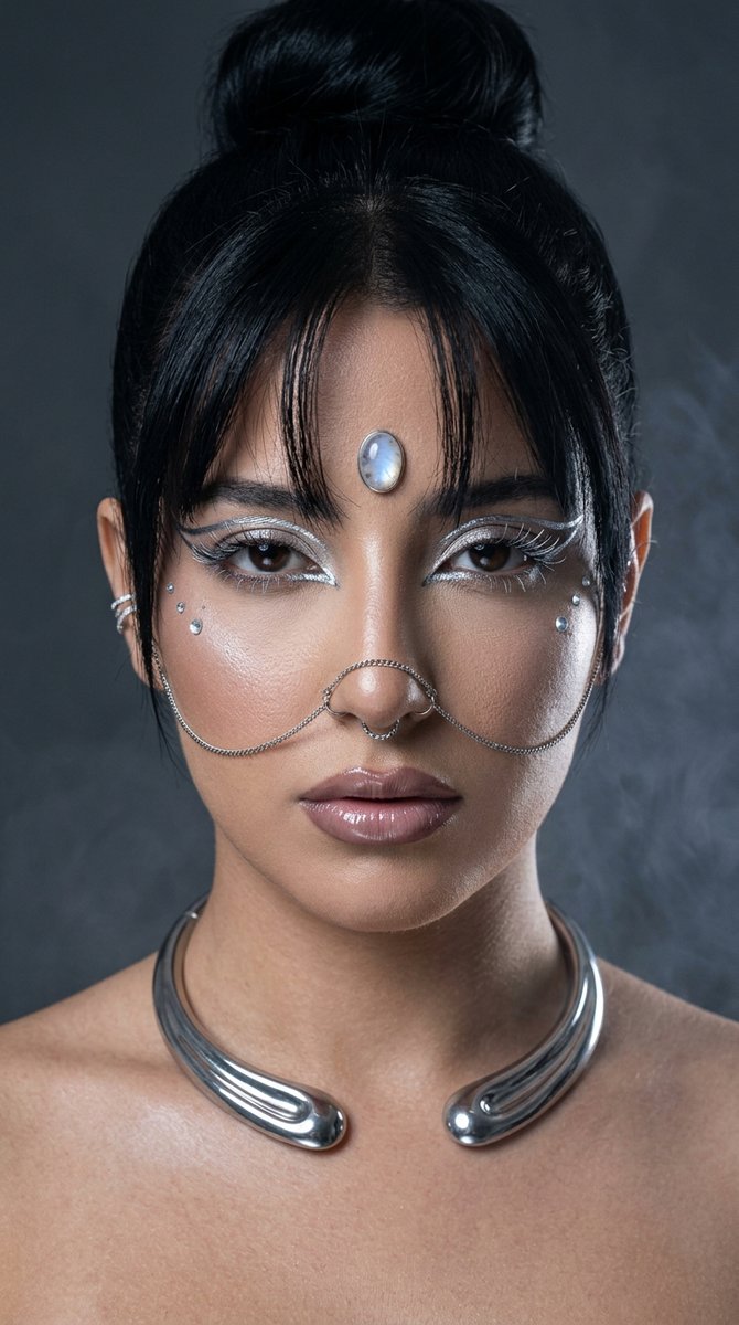 A young woman with silver chrome liner stares fiercely in editorial light
