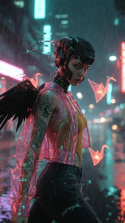 Cybernetic Woman with Tebori Dragon Tattoo in Neon Rain