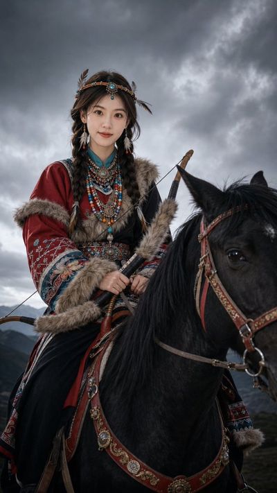 A nomadic archer sits calmly on a black horse under stormy skies