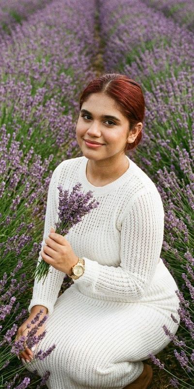 Woman in white crochet gathers lavender in golden sunset light