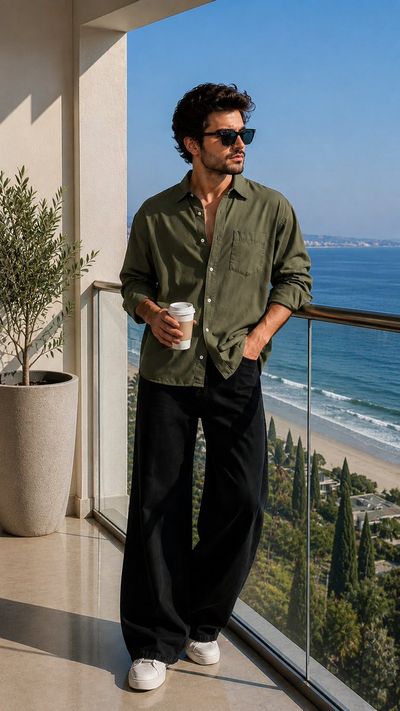Young man in olive linen poses on balcony overlooking blue ocean.