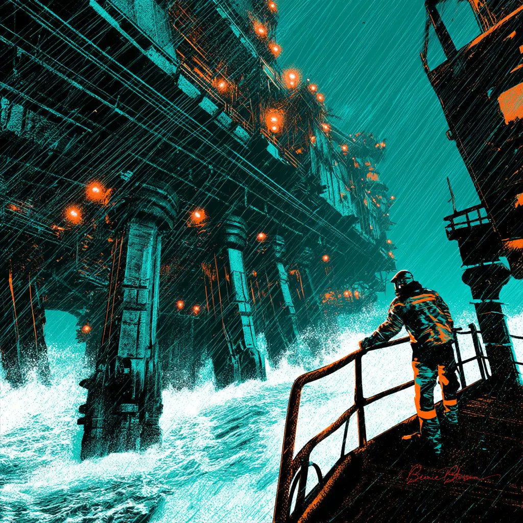 Monolithic Mining Rig Battling a Pacific Tempest