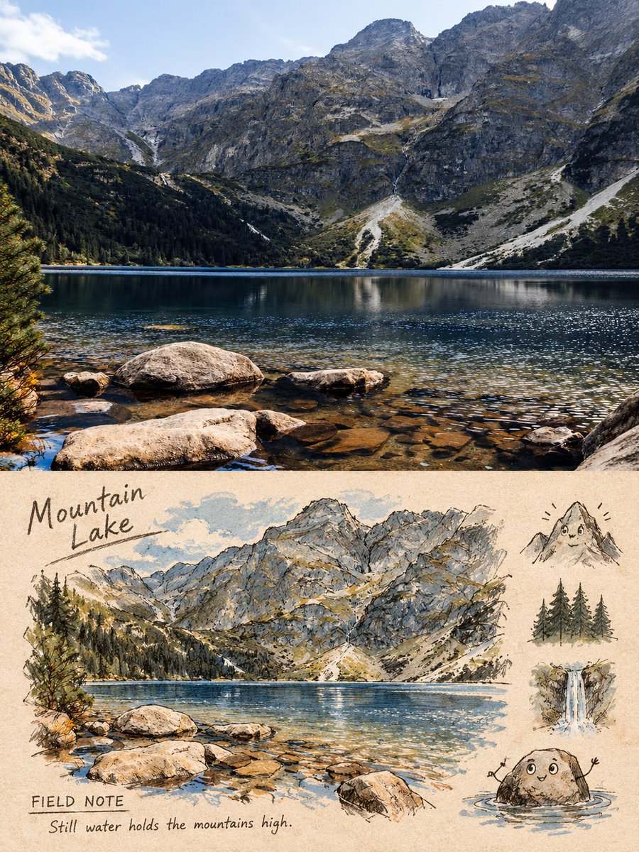 Travel photo transforms into hand-drawn field note with rhyming sketch