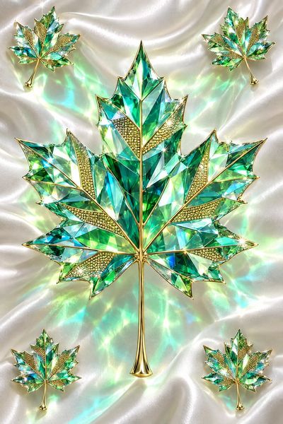 Glossy Sapphire Maple Leaf Glows on White Satin Silk