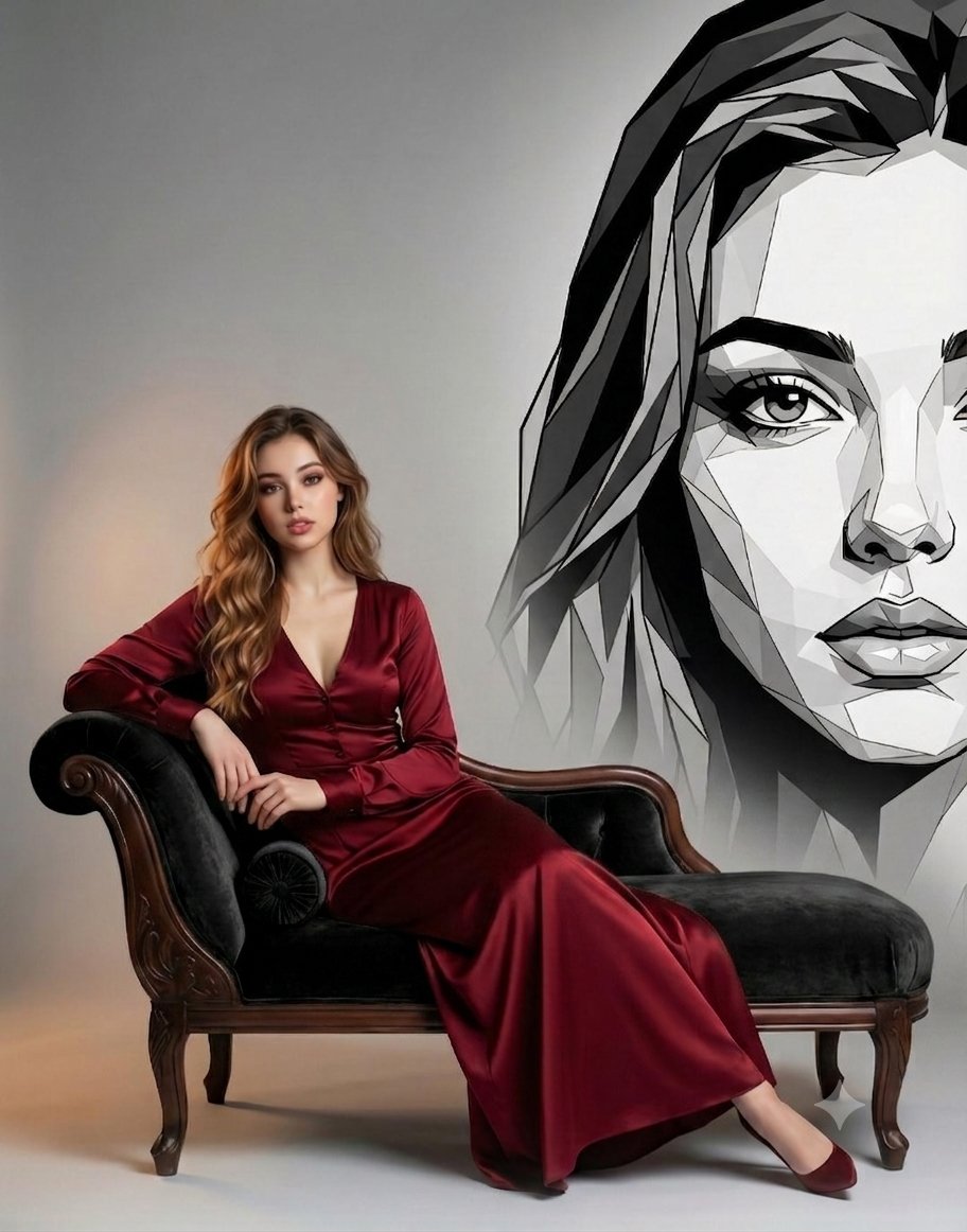 Woman in burgundy gown poses before her geometric mural portrait.
