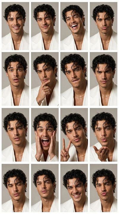 A woman in a cream top poses in a photobooth grid with 16 expressions.