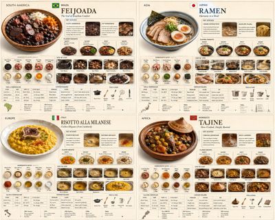 Four continental dishes arranged in a 2x2 educational grid