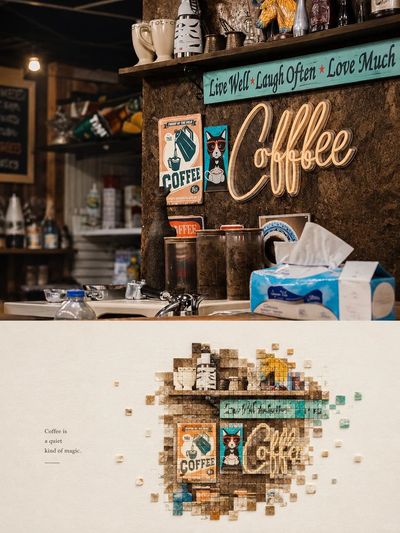 Vintage Coffee Shop Scene Splits Into Pixel Mosaic Art