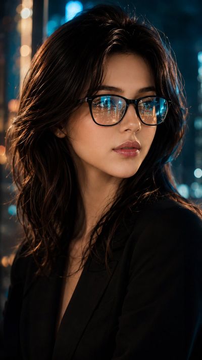 Woman in glasses reflects a glowing city skyline at night