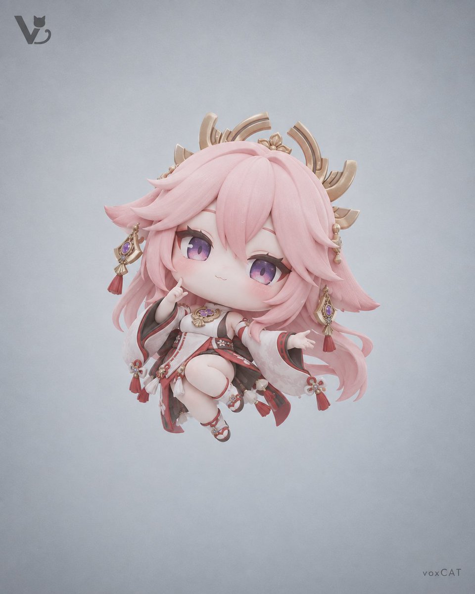 Floating Chibi Character Captured in Cold Grey Minimalist Studio Light