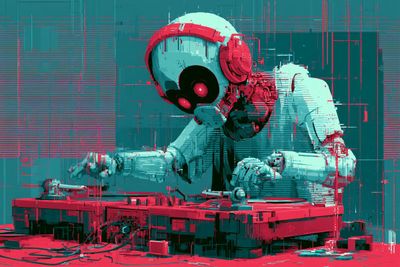 A pixelated knight fights in neon glitch arcade shadows
