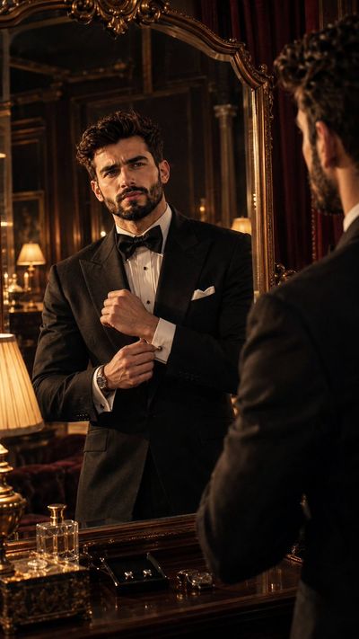 1930s Gentleman Adjusts Cufflinks Before Antique Mirror in Opulent Dressing Room