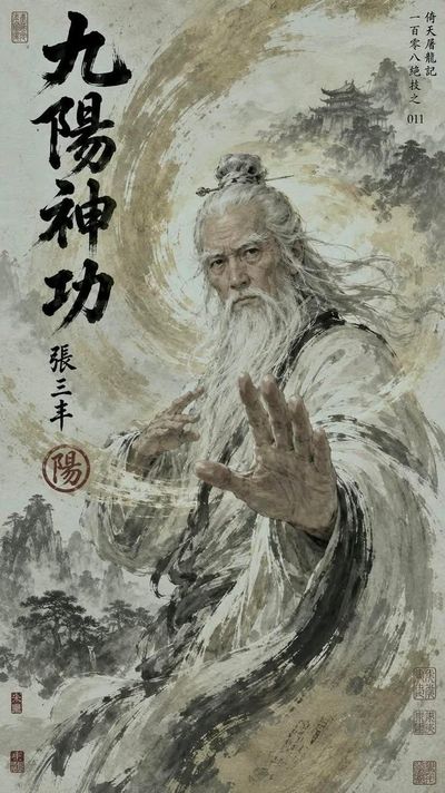 An elderly Taoist grandmaster channels swirling qi energy