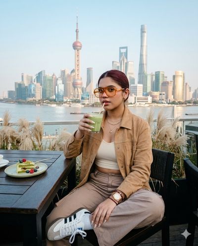 Serene Morning Matcha Over Shanghai Skyline