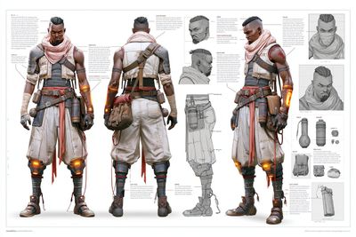 A futuristic warrior's concept sheet displays front and back views.