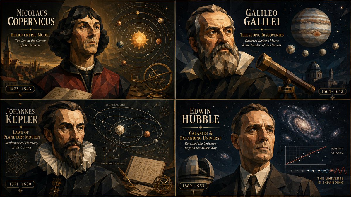 Four famous astronomers pose in a low-poly geometric grid