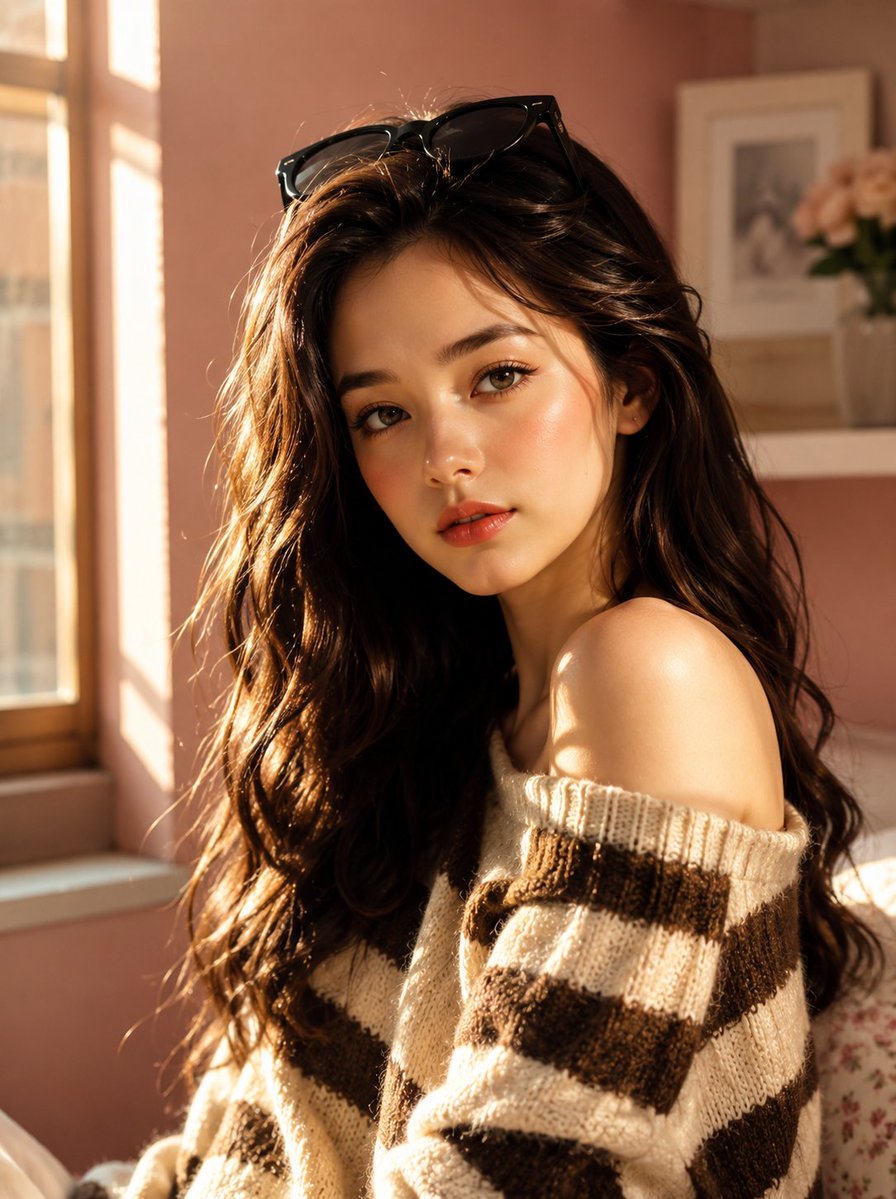 A charming young woman in a cozy sunlit room poses confidently