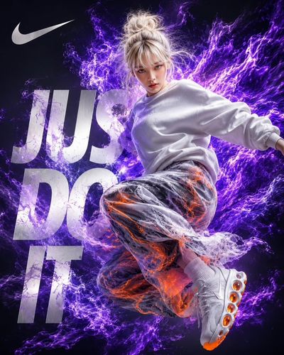 Airborne athlete in white sweatshirt explodes with purple plasma energy