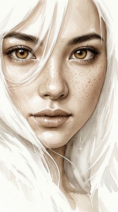 A watercolor portrait with white hair and sepia tones