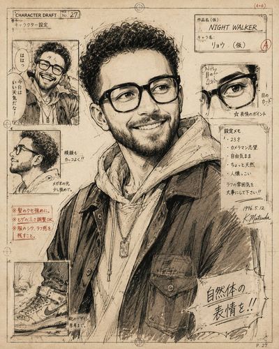 A curly-haired manga youth smiles in a vintage ink sketch