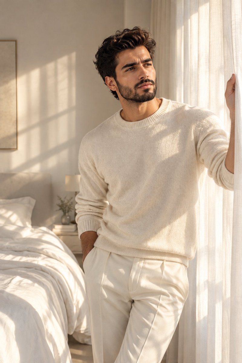 Handsome young man in ivory sweater gazes at morning light