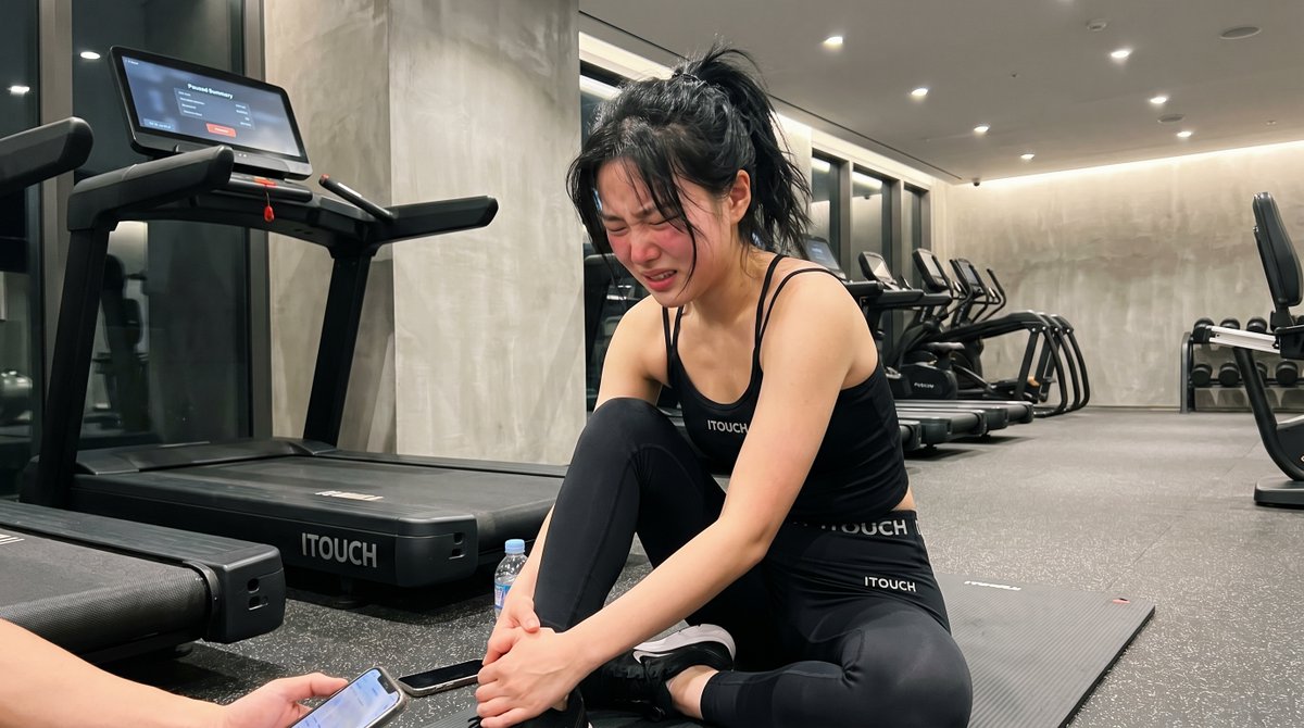 A young woman sits on the gym floor after a treadmill fall