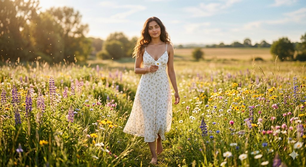 A young woman walks barefoot through a sunlit wildflower meadow.