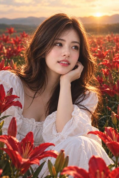 Young woman rests chin on hand among red lilies at sunset