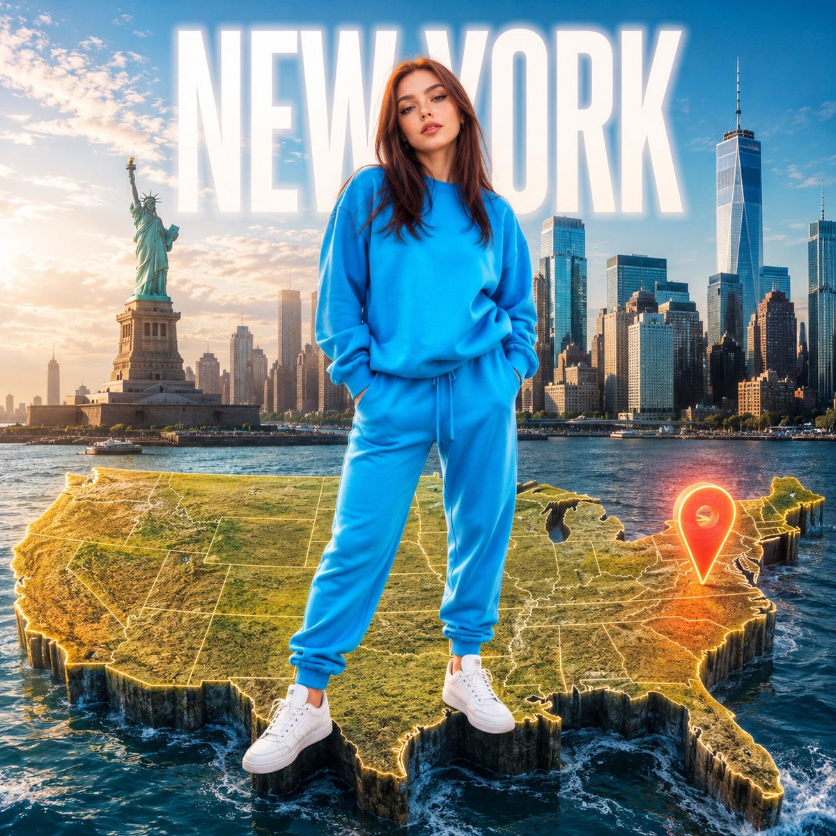 A confident traveler poses on a glowing map above New York skyline.
