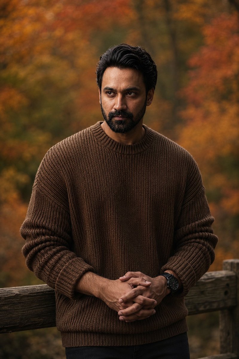 A young man in a chunky sweater stands thoughtfully in an autumn forest.