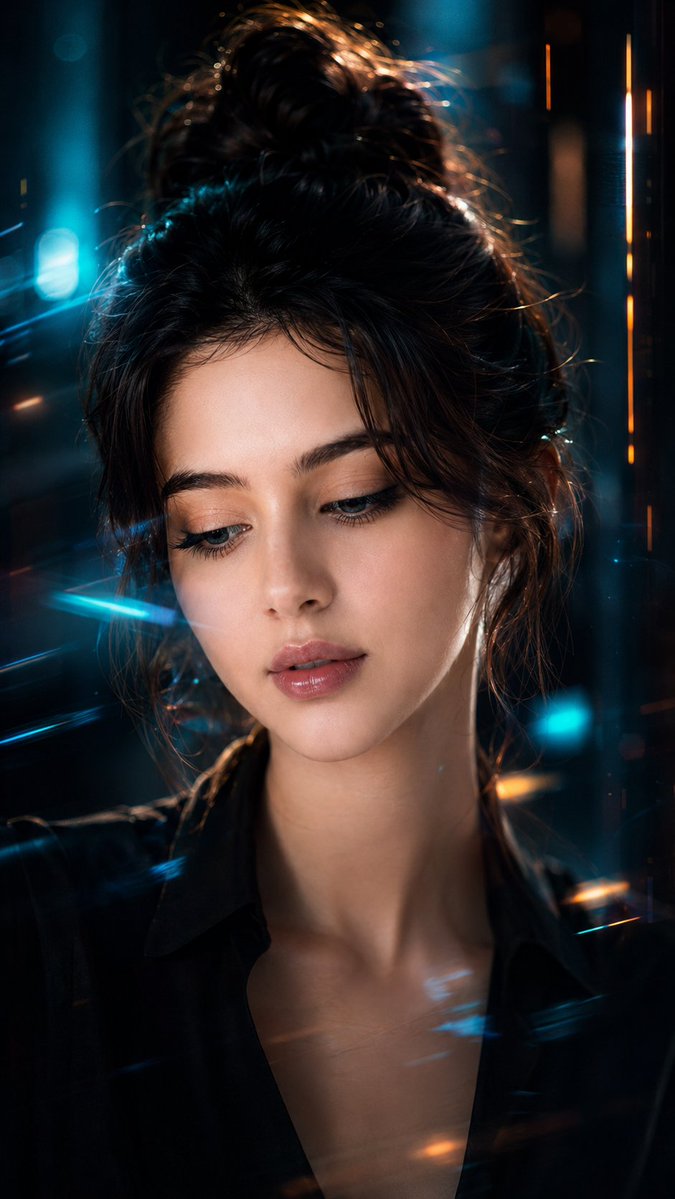 A woman with porcelain skin in teal and orange neon light