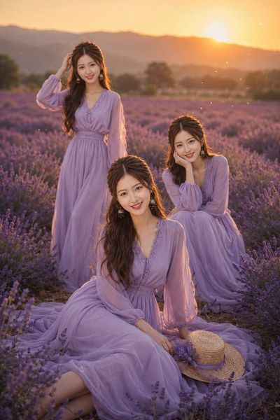 Three elegant sisters pose in a lavender field at golden hour
