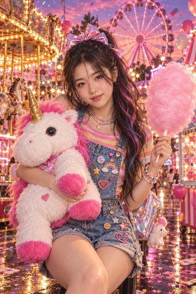 Woman holds cotton candy and unicorn plush at neon carnival
