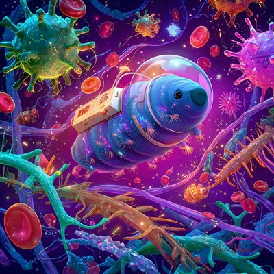 Cosmic Tardigrade Navigating a Bioluminescent Cellular Universe