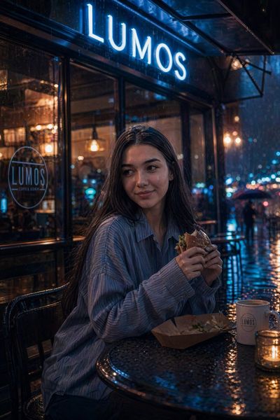 Solitude in Neon: A Rainy Café Reflection