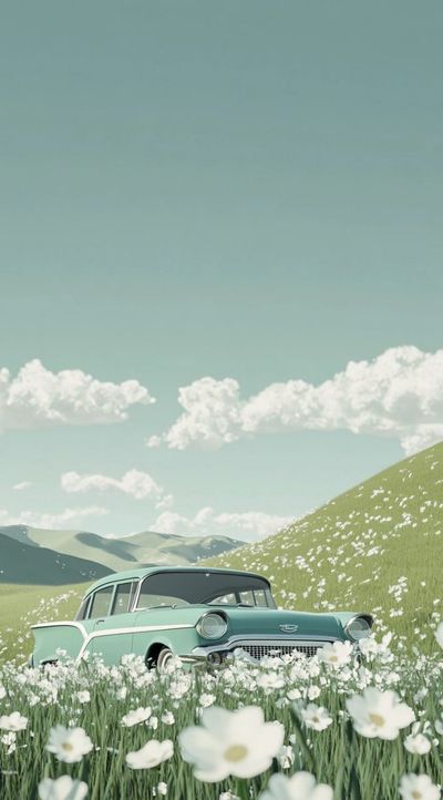 A vintage car rests on a grassy hill under soft skies