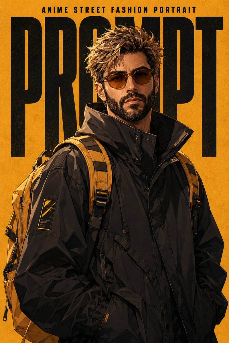 Stylish anime man in black tactical jacket poses confidently