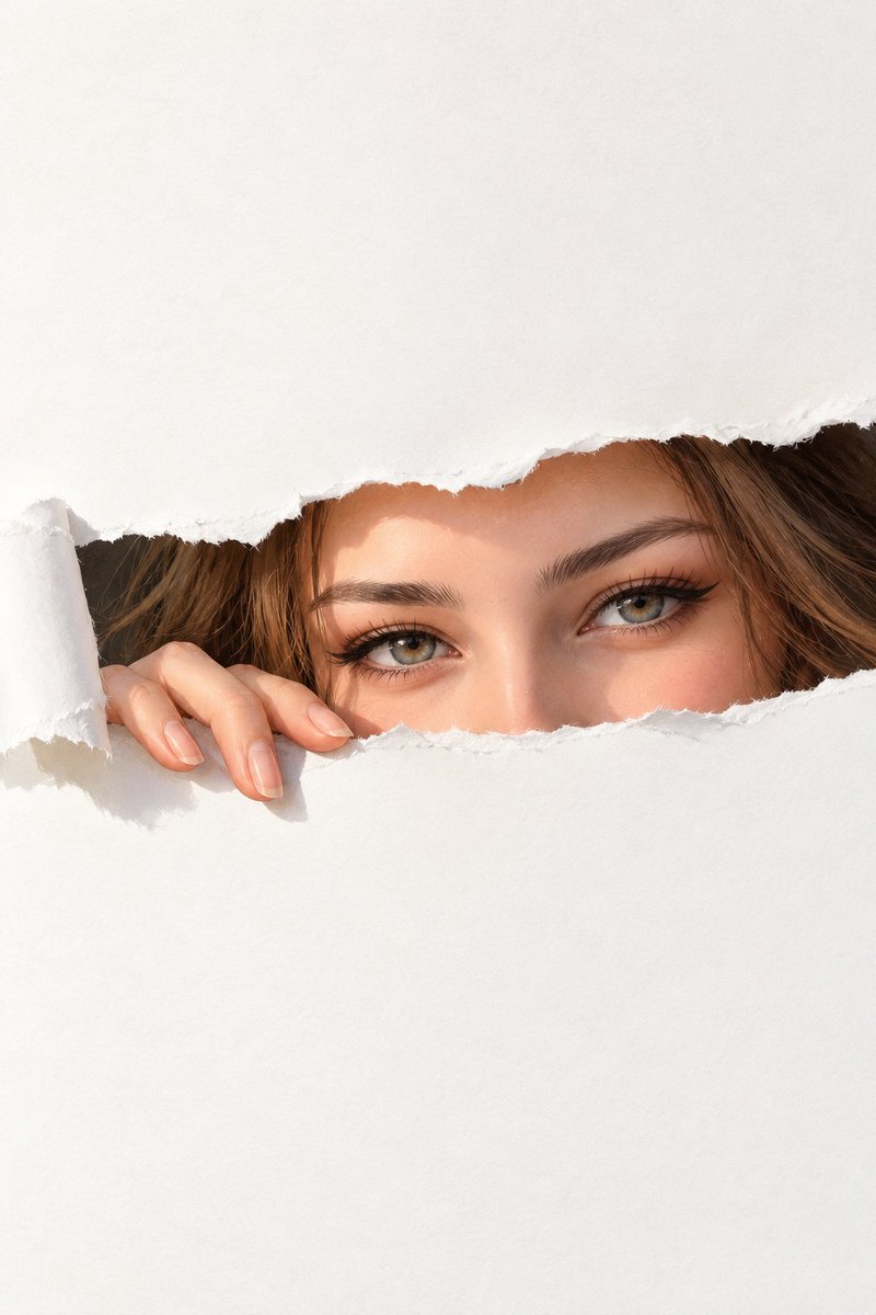 Dreamy eyes peek through torn white paper in soft painting