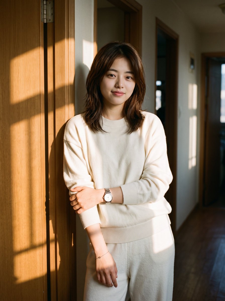Woman leans in golden sunlight wearing cream knit set