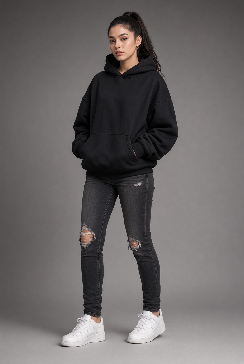 Young woman in black streetwear poses confidently in studio