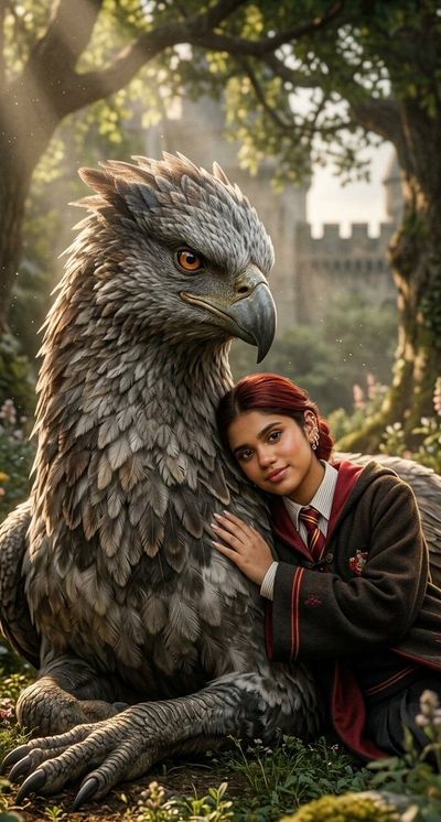 A young witch rests her head against a majestic hippogriff's neck