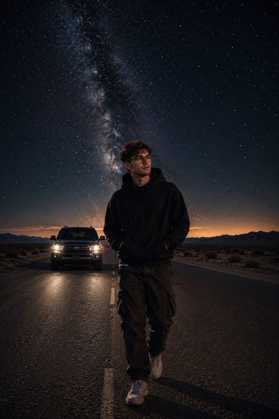 A young man walks on a desert highway under the Milky Way