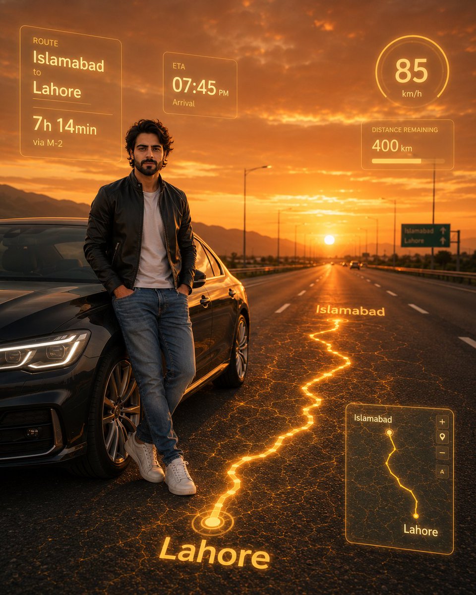 Young man stands by a modern car on a highway at golden hour