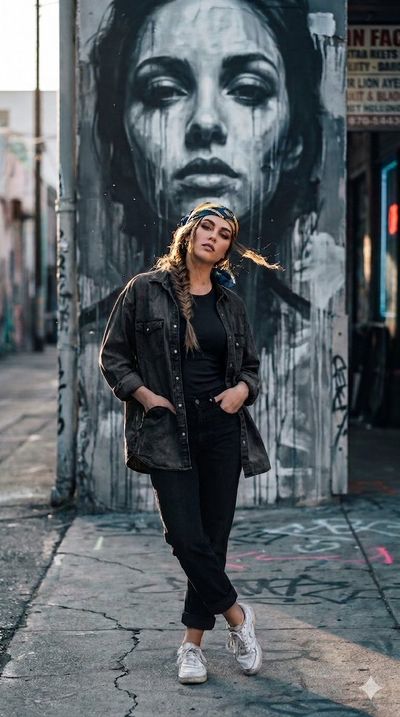 Young woman in denim stands before a haunting mural