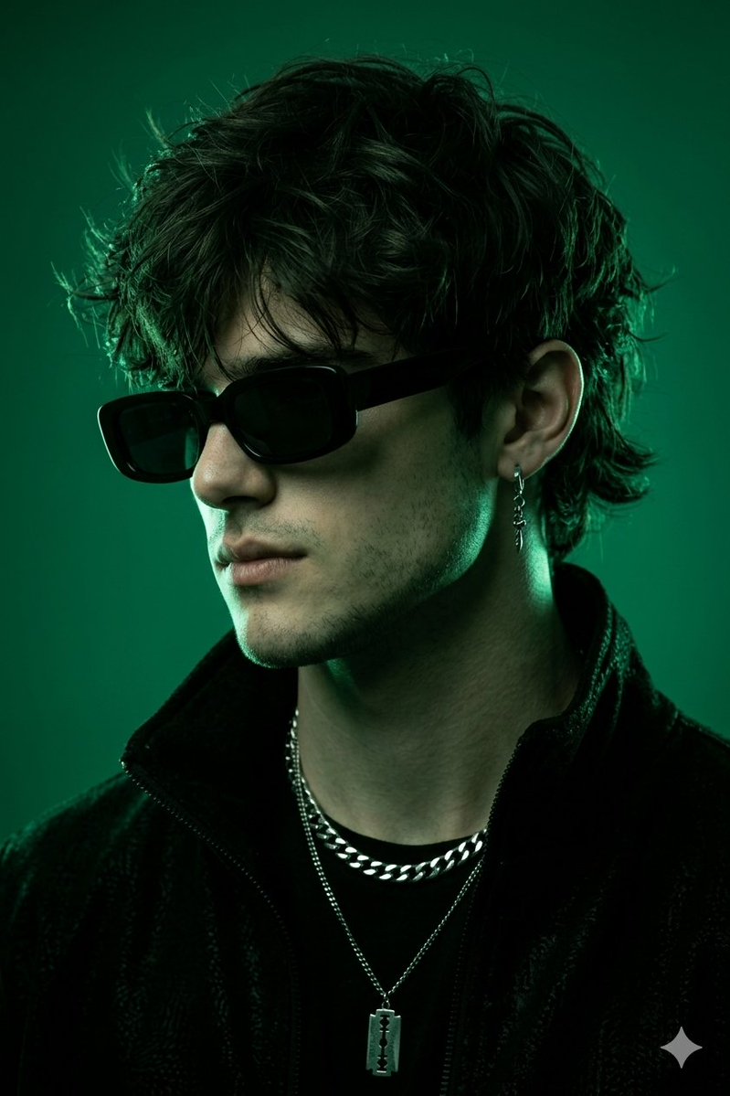 A moody model in green light wears a blade pendant and black jacket