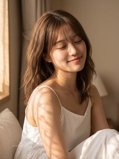 Sunlit Serenity: Young Woman With Gentle Smile In Golden Light