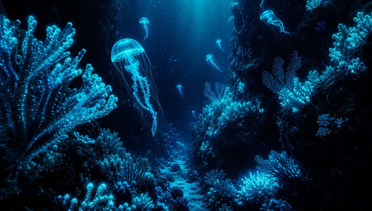 Bioluminescent mushrooms glow blue in a dark forest cave.