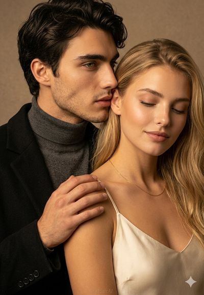 A man whispers to his partner in a warm studio portrait