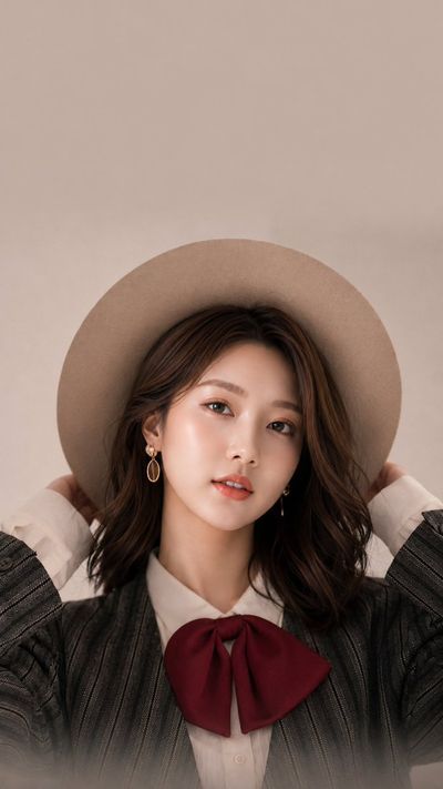 Elegant woman in blazer holds hat with hands behind head